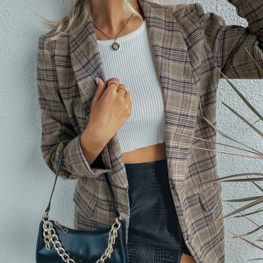Plaid Flap Detail Shawl Collar Blazer Jacket work office Business Chic - Picture 2 of 16